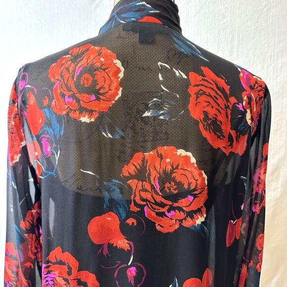 DKNY Black Red Floral Neck Bow Tie 3/4 Sleeve Semi-Sheer Blouse w/Camisole Sz M - Picture 5 of 16